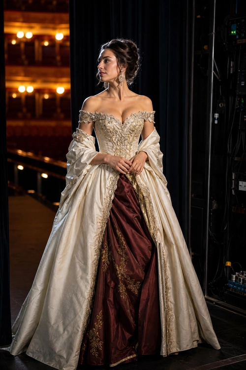 A woman wears an off-shoulder ivory embellished gown with a burgundy embroidered skirt and draped ivory outer layer.