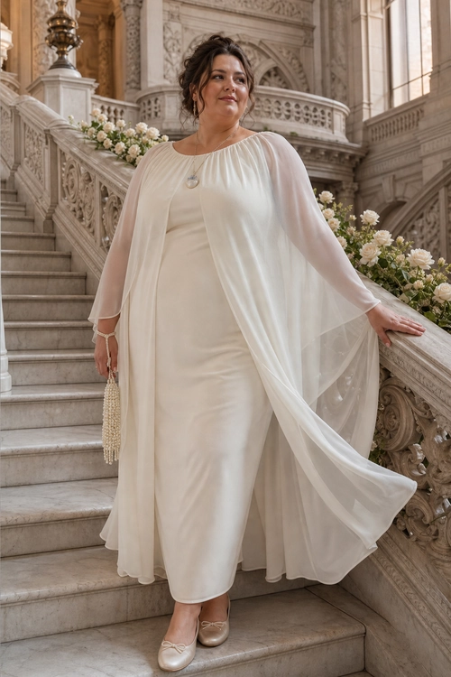 Ivory Cape Dress on Grand Staircase A woman wears an ivory midi dress with a sheer flowing cape, pearl beaded clutch, pendant necklace, and ballet flats on a grand staircase.