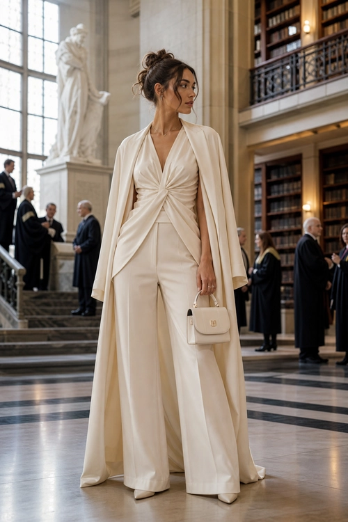 A woman wears an ivory draped cape over a ruched top and wide-leg trousers with a matching handbag and pointed-toe shoes.