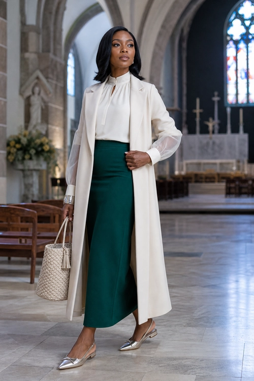 A woman wears a long ivory coat over a white high-neck blouse and emerald green midi skirt with silver pointed shoes and a woven handbag.