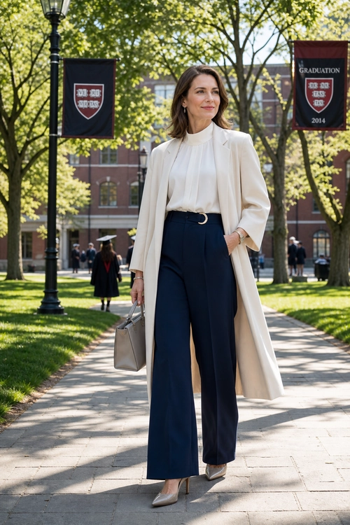 A woman wears an ivory long coat over a white pleated blouse and navy wide-leg trousers while carrying a taupe handbag on a leafy campus walkway.