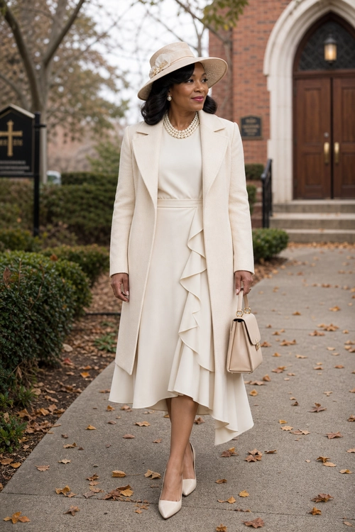 A woman wears an ivory tailored coat over a ruffled dress with a wide-brim hat, pearl jewelry, handbag, and pointed-toe pumps.