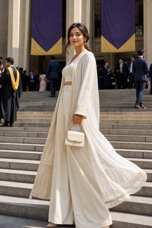 Ivory Draped Palazzo Outfit A woman wears an ivory cropped top, wide-leg trousers, and a flowing open robe with a small chain-handle handbag on stone steps.
