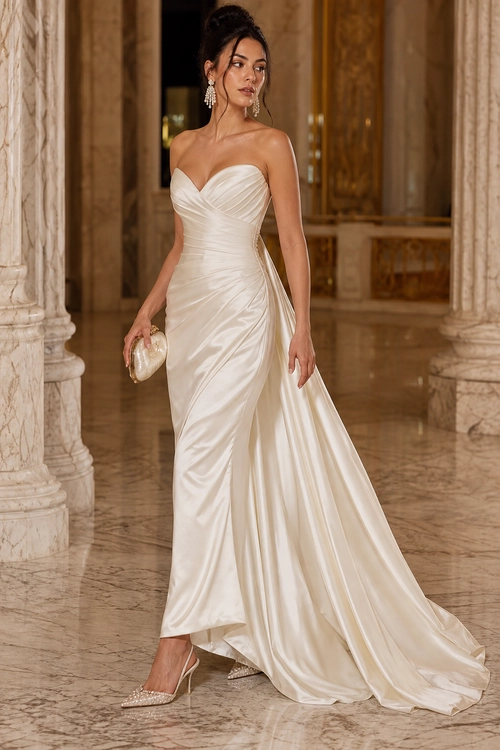 A woman wears an ivory strapless satin wedding gown with a draped bodice, long flowing train, embellished pointed heels, drop earrings, and a small clutch.