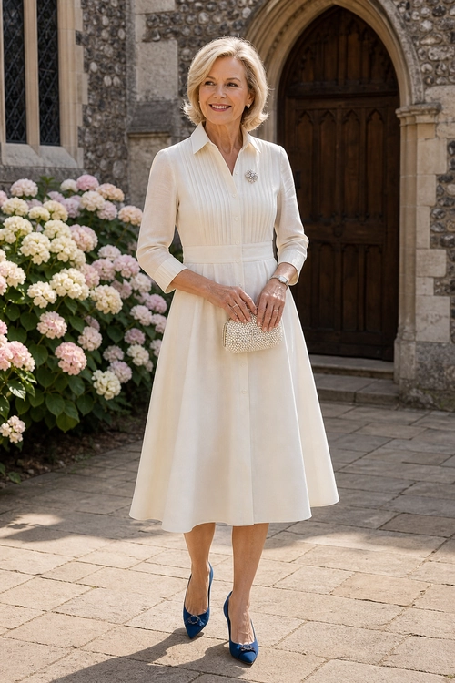 A woman wears an ivory long-sleeved shirtwaist dress with a brooch, beaded clutch, and blue pointed-toe heels outside a stone building.