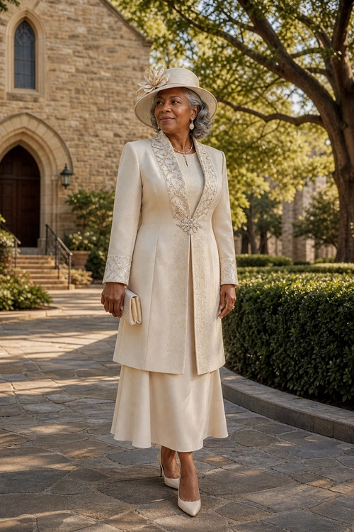 Ivory Formal Skirt Suit A woman wears an ivory embellished skirt suit with a matching wide-brim hat, clutch, earrings, and pointed pumps.