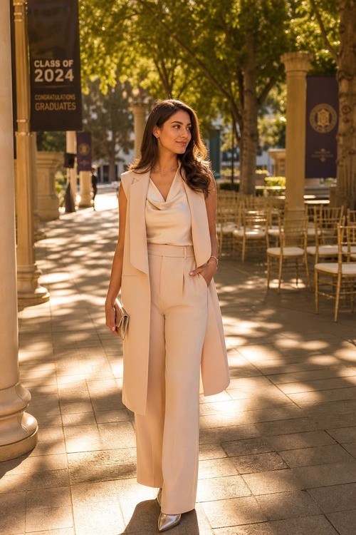Ivory Tailored Graduation Outfit Woman wearing an ivory sleeveless long vest, draped-neck top, wide-leg trousers, and pointed metallic heels at a graduation setting.