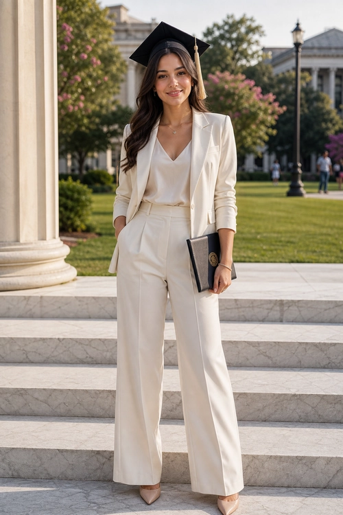 Ivory Graduation Suit A woman in an ivory blazer, V-neck top, and wide-leg trousers wears a black graduation cap and holds a diploma folder.