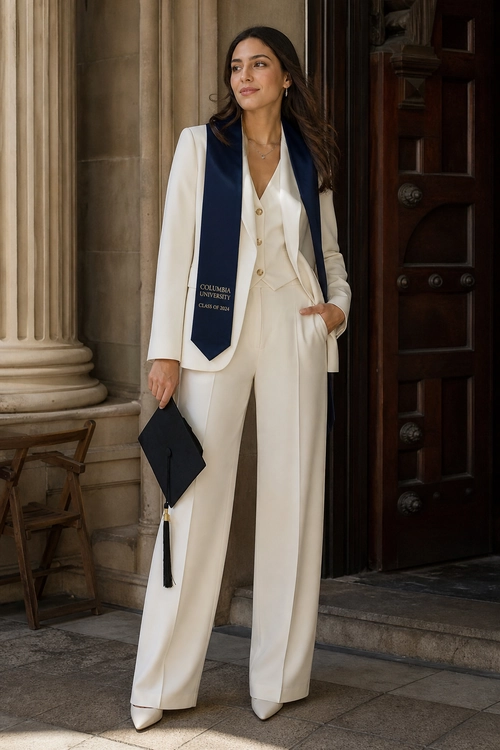 A woman wears an ivory blazer, buttoned vest, and wide-leg trousers with a navy Columbia University graduation stole while holding a black graduation cap.