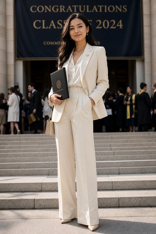 Woman wearing an ivory blazer, blouse, and wide-leg trousers with pointed heels while holding a diploma folder on outdoor steps.
