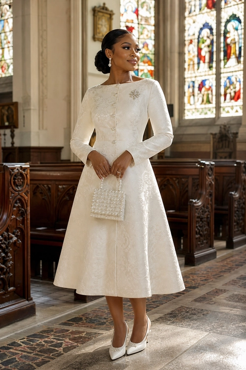 A woman wears an ivory long-sleeved jacquard midi dress with white pointed pumps and carries a beaded handbag.