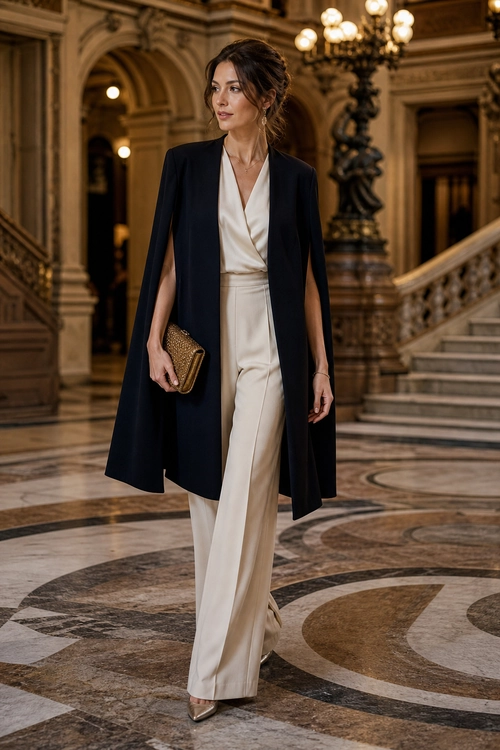 Ivory Jumpsuit with Navy Cape Coat A woman wears an ivory wrap-style jumpsuit with a long navy cape coat, pointed metallic heels, and a gold clutch.