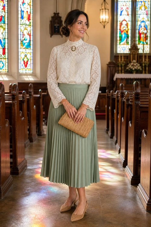 A woman wears an ivory lace blouse with a sage green pleated midi skirt, tan pointed flats, and a woven clutch.