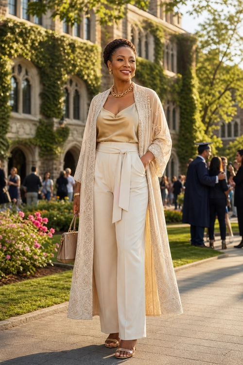 A woman wears an ivory lace duster over a champagne camisole and wide-leg trousers with a tied sash, paired with heeled sandals and a structured handbag.