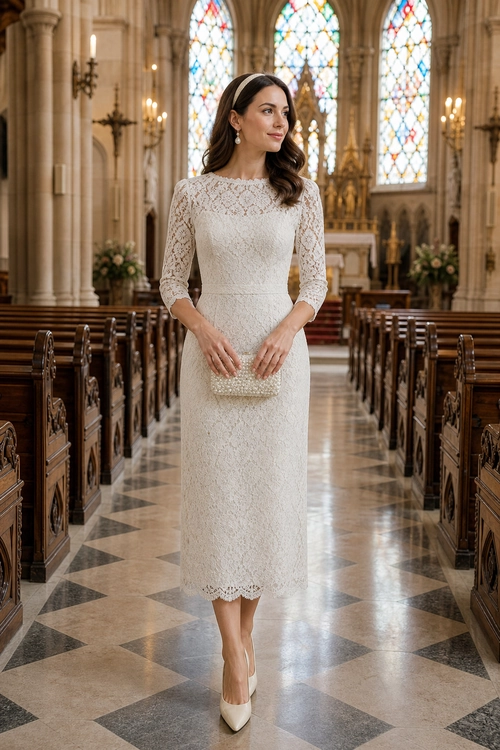 Woman wearing an ivory lace midi dress with three-quarter sleeves, a beaded clutch, drop earrings, and pointed pumps.