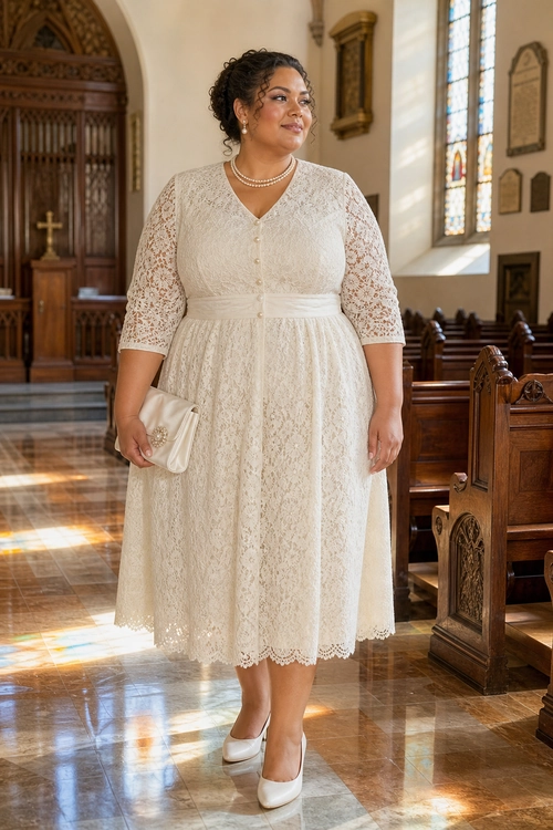 A woman wears an ivory lace midi dress with three-quarter sleeves, pearl necklaces, a small clutch, and white pumps.