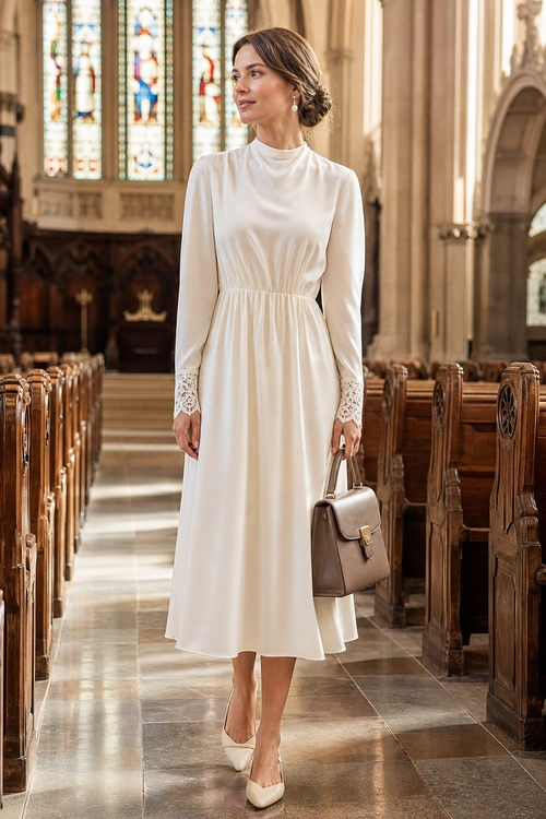 Ivory Long-Sleeve Midi Dress Woman wearing an ivory long-sleeve midi dress with lace-trim cuffs, pointed-toe heels, drop earrings, and a structured taupe handbag.
