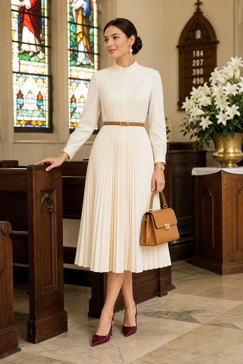 A woman wears an ivory long-sleeve pleated dress with a brown belt, burgundy heels, and a tan handbag.
