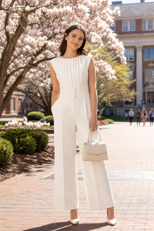 Woman wearing an ivory sleeveless pleated wide-leg jumpsuit with pointed-toe pumps and a structured handbag.
