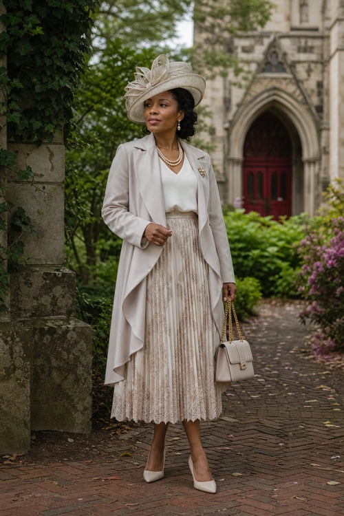 A woman wears an ivory long coat, white blouse, pleated midi skirt, statement hat, pearl jewelry, handbag, and pointed-toe pumps outdoors.