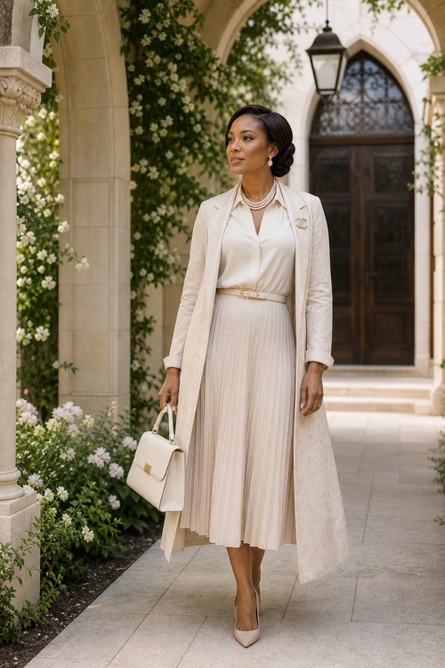 A woman wears an ivory blouse, long textured coat, belted pleated midi skirt, pointed-toe heels, and carries a structured handbag.