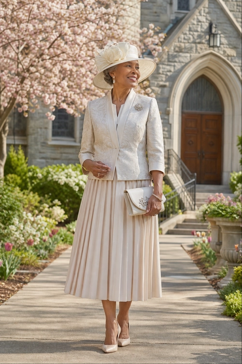 Woman wearing an ivory blazer, pleated midi skirt, wide-brim hat, clutch, and pointed heels.