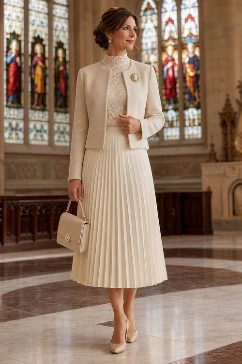 Woman wearing an ivory cropped jacket over a lace high-neck top with a pleated midi skirt, matching handbag, brooch, and pumps.