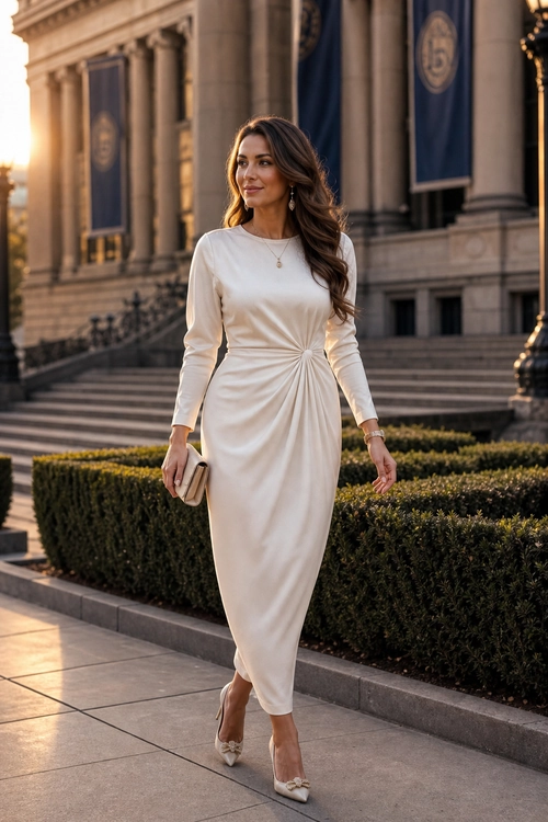 Ivory Ruched Midi Dress Look Woman wearing an ivory long-sleeve ruched midi dress with beige bow pumps and a small clutch.