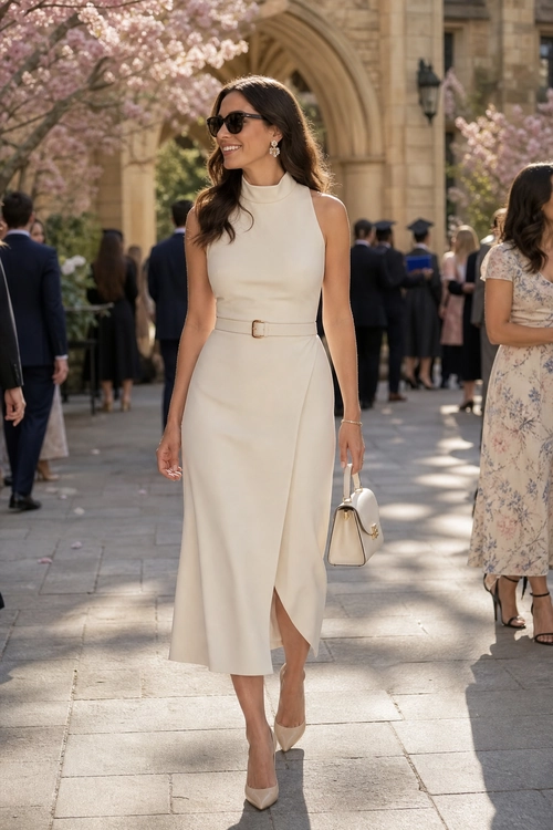 Ivory Sleeveless Midi Dress A woman wears an ivory sleeveless high-neck midi dress with a belt, pointed heels, sunglasses, and a structured handbag.