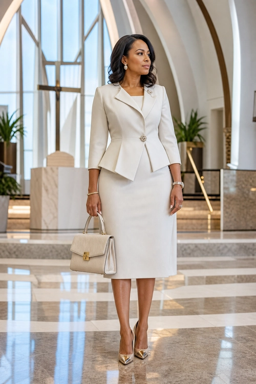 A woman wears an ivory tailored jacket and knee-length skirt with pointed metallic pumps and a structured handbag.