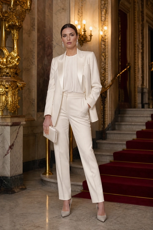 A woman wears an ivory blazer, pleated blouse, tailored trousers, pointed-toe heels, earrings, and carries a small clutch in an ornate interior.