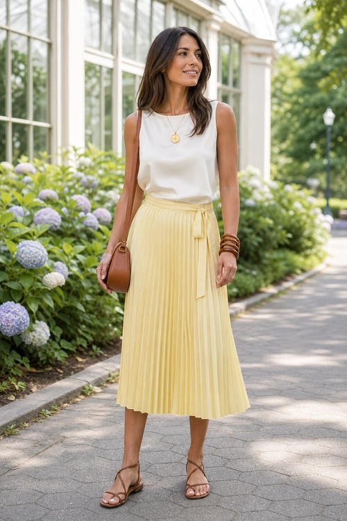 Ivory Top and Yellow Pleated Skirt Outfit Woman wearing an ivory sleeveless top with a pale yellow pleated midi skirt, brown sandals, a small brown shoulder bag, and gold jewelry.