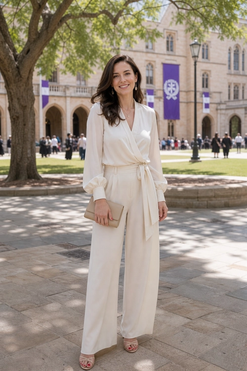 Ivory Wrap Jumpsuit Outfit Woman wearing an ivory wrap-style jumpsuit with wide-leg trousers, a tied waist, beige clutch, and strappy sandals.