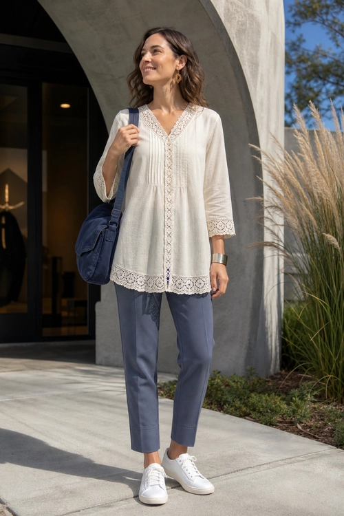 Lace-Trim Tunic and Ankle Pants Outfit Woman wearing a cream lace-trim tunic, blue-gray ankle pants, white sneakers, and a navy shoulder bag.
