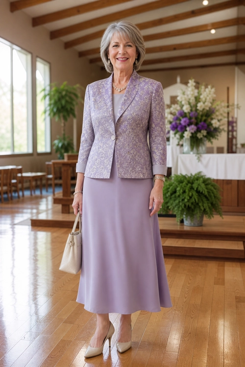 A woman wears a lavender midi dress with a patterned blazer, pearl necklace, light handbag, and beige pointed pumps.