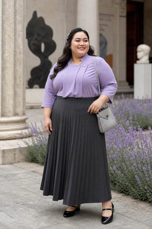 Lavender Blouse and Pleated Black Skirt Outfit A lavender three-quarter sleeve blouse styled with a long black pleated skirt, black Mary Jane shoes, and a silver shoulder bag.