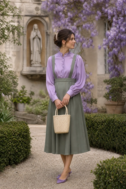 Lavender Blouse and Sage Pinafore Dress Woman wearing a lavender blouse with a sage green pinafore midi dress, woven handbag, and lavender flats.