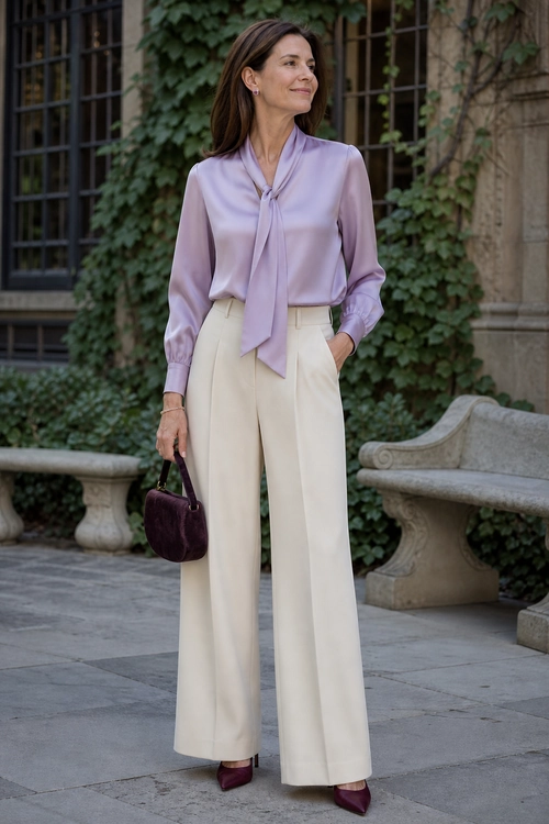 A woman wears a lavender tie-neck blouse with ivory wide-leg trousers, burgundy pointed heels, and a matching handbag.