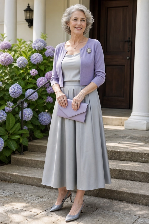 A woman wears a lavender cardigan over a light satin top with a gray midi skirt, matching clutch, and pointed heels.