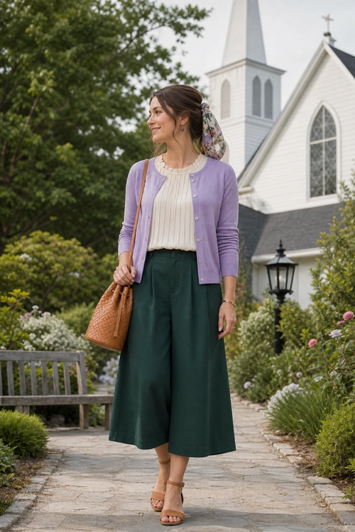 Woman wearing a lavender cardigan over a cream ribbed top with dark green wide-leg culottes, tan sandals, a woven brown shoulder bag, and a floral hair scarf.