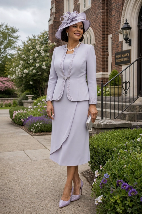 Woman wearing a lavender skirt suit with a matching fascinator, pearl jewelry, clutch, and pointed-toe heels outside a church.