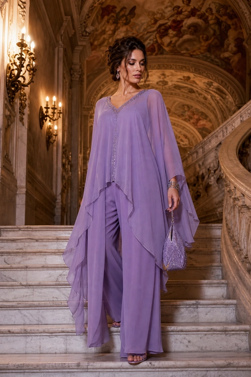 Woman wearing a flowing lavender layered tunic with wide-leg trousers, a sparkling handbag, jewelry, and open-toe sandals on a grand staircase.