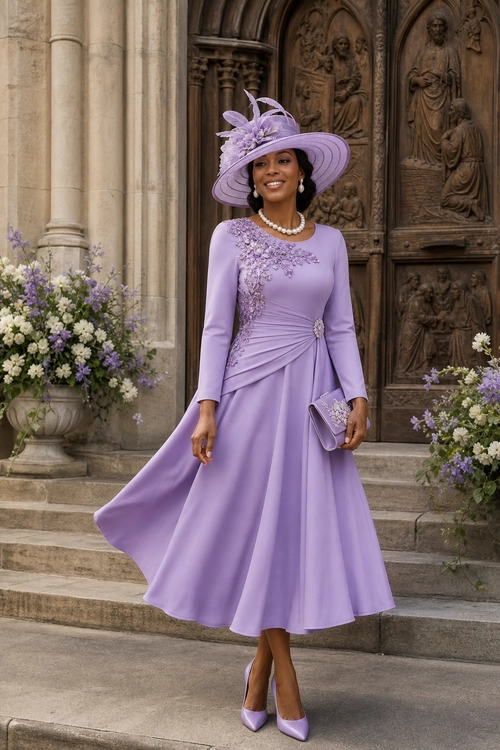 A woman wears a lavender long-sleeved dress with a matching wide-brim hat, pearl necklace, clutch, and pointed-toe heels on stone steps.