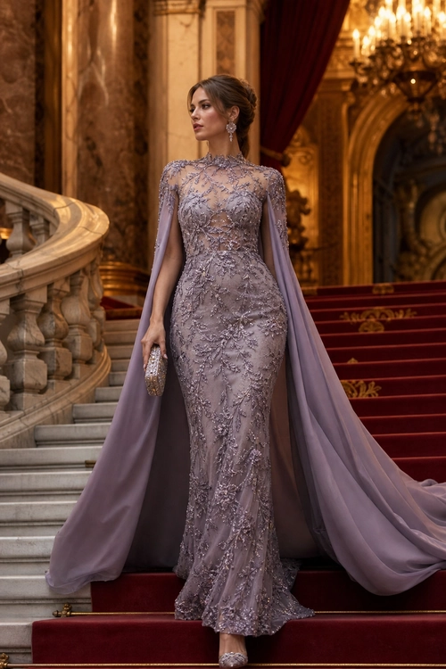 A woman wears a fitted lavender embellished gown with a flowing sheer cape on an ornate staircase.