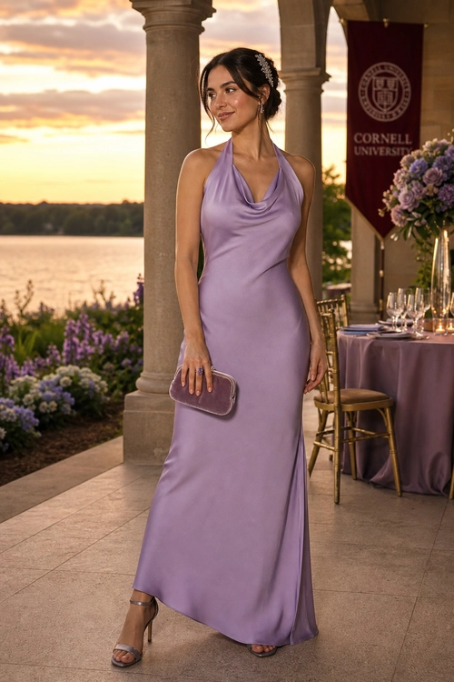 Lavender Halter Evening Gown A woman wears a floor-length lavender halter gown with a draped neckline, mauve clutch, and strappy heeled sandals.
