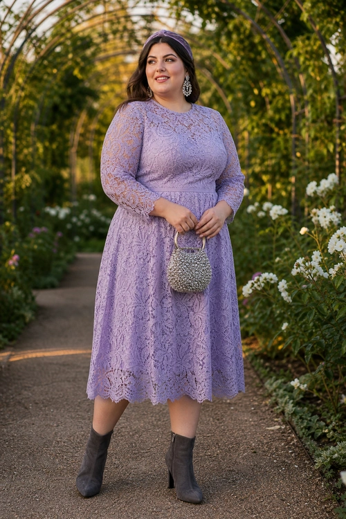 A woman wears a long-sleeved lavender lace midi dress with dark ankle boots and a beaded handbag in a flower-filled garden.