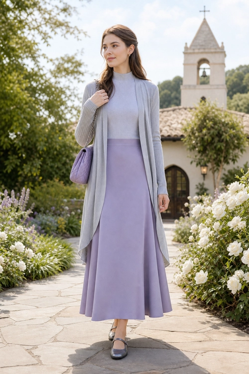 Lavender Layered Midi Skirt Outfit A woman wears a lavender midi skirt with a high-neck top, long open cardigan, shoulder bag, and flat Mary Jane shoes.