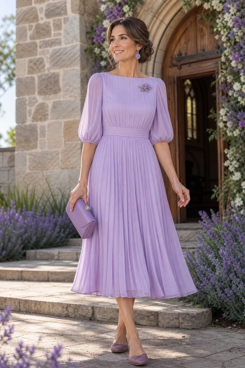 Lavender Pleated Dress Outfit Woman wearing a lavender pleated dress with puff sleeves, matching clutch, brooch, earrings, and low heels.