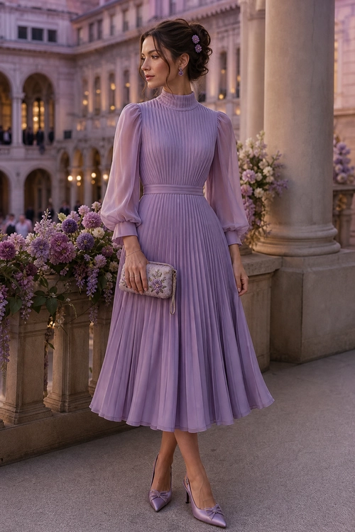 Woman wearing a lavender pleated high-neck midi dress with sheer sleeves, pointed heels, and a floral clutch.