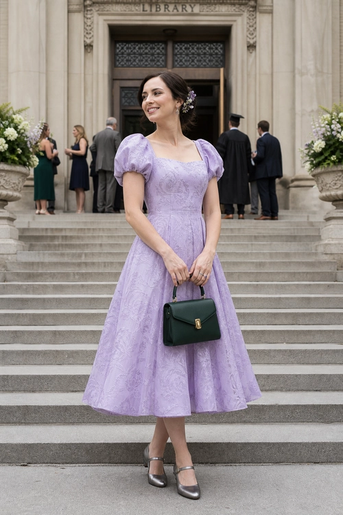 Lavender Puff-Sleeve Midi Dress Woman wearing a lavender puff-sleeve midi dress with silver ankle-strap heels and carrying a dark green structured handbag.